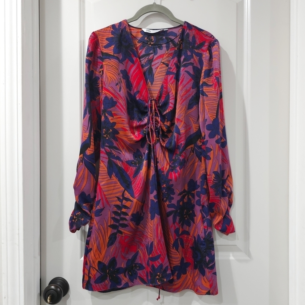 ZARA Vibrant Floral Long Sleeve Mini Dress, Ruched Sleeves, Tie Vneck Front, M - Picture 2 of 15